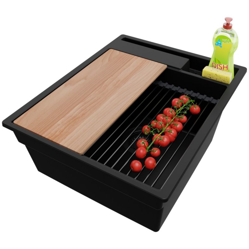 Zlewozmywak Oslo Pocket PRIMAGRAN Nablatowy 43x53cm do szafki od 45cm, Cały Czarny + Syfon + Akcesoria, S113, 1 szt.