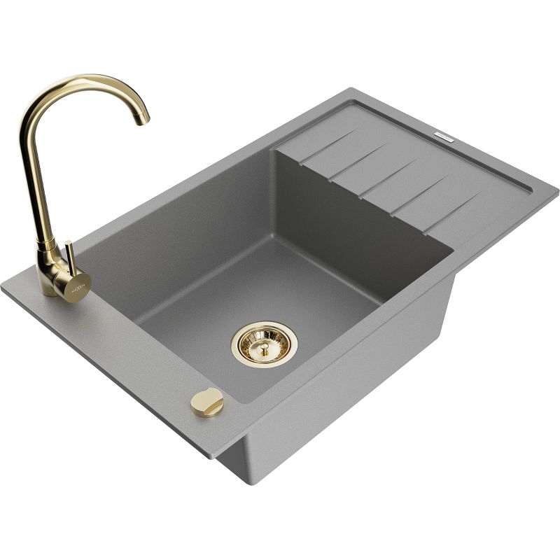 Zlewozmywak granitowy 1-komorowy Mexen Elias z ociekaczem i baterią kuchenną Telma szary 6511-71-670200-50