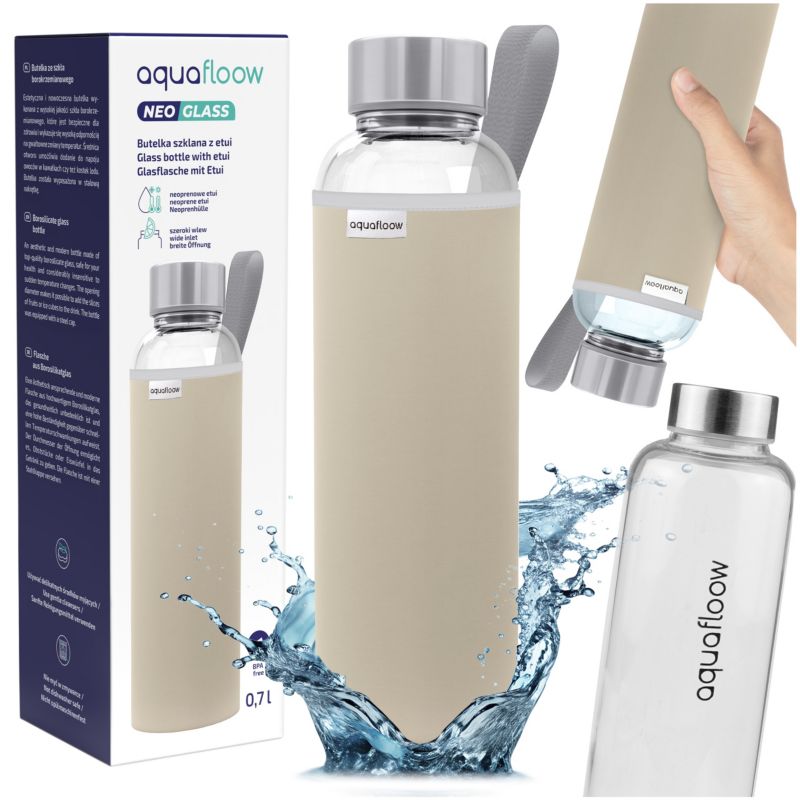 Butelka na wodę, AquaFloow, szklana, z neoprenowym etui, 700ml, bez BPA, szkło borokrzemowe, szczelna, beżowy, 1szt