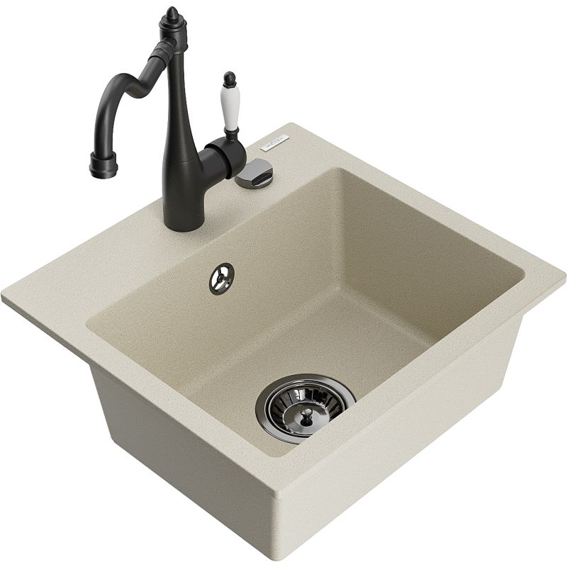 Zlewozmywak granitowy 1-komorowy Mexen Milo z baterią kuchenną Carla biały - 6505-20-670700-70 1 szt.