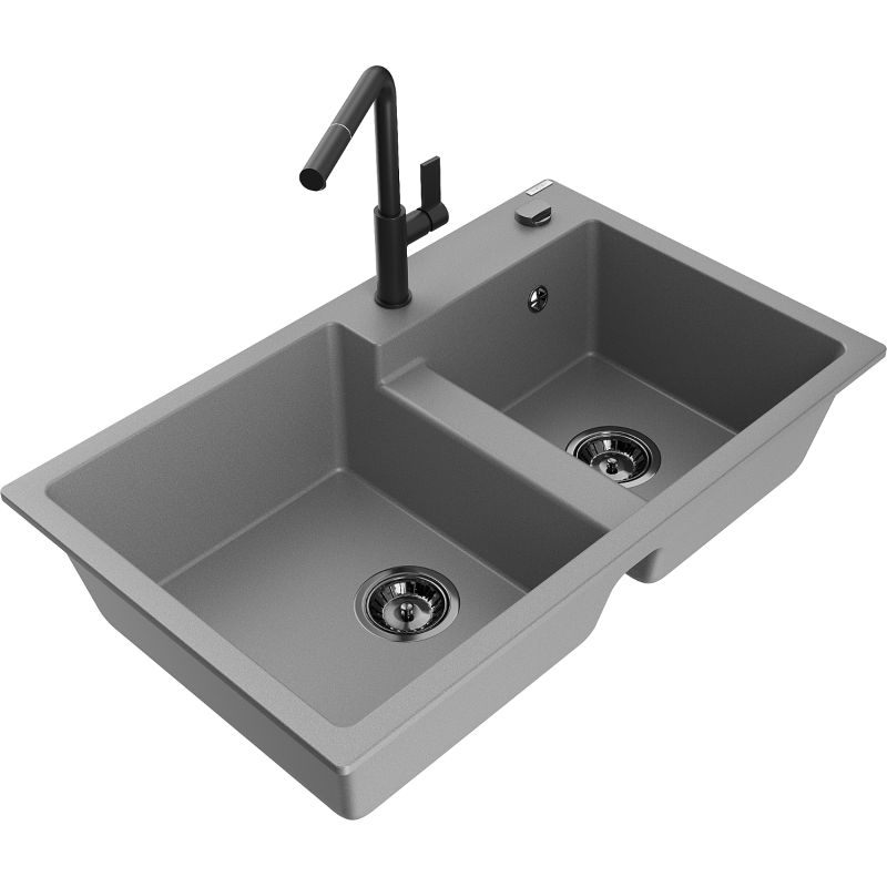 Zlewozmywak granitowy 2-komorowy Mexen Tomas z baterią kuchenną Rita beżowy - 6516-69-670300-70 1 szt.