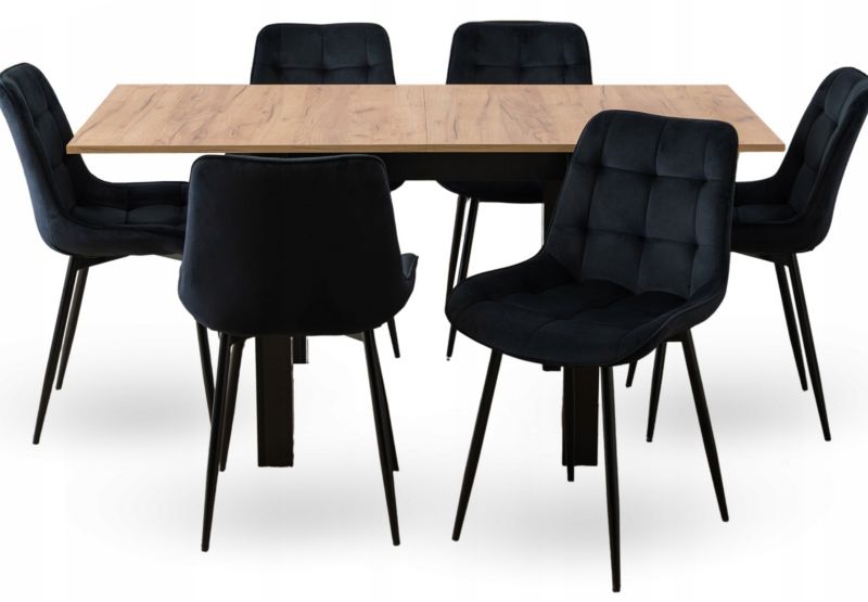 Zestaw Stół i 6 Krzeseł Mebel Elite Max 80-160 cm Dąb Craft/Czarny i Chris Czarne Welurowe 1 kpl
