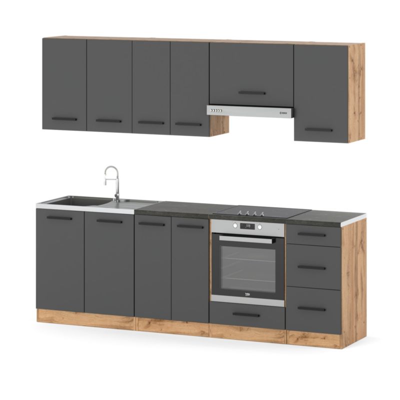 Zestaw Kuchenny Hurtownia-Mebli Z Blatem Kuchnia Mokka Plus 240cm Dąb Wotan Szary Mat 240x47x145 cm 1szt.