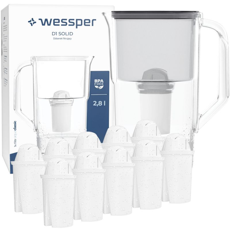 Dzbanek filtrujący wodę, Wessper, 2,8l, D1 SOLID + 10x filtr wody Wessper Aquaclassic, 11szt