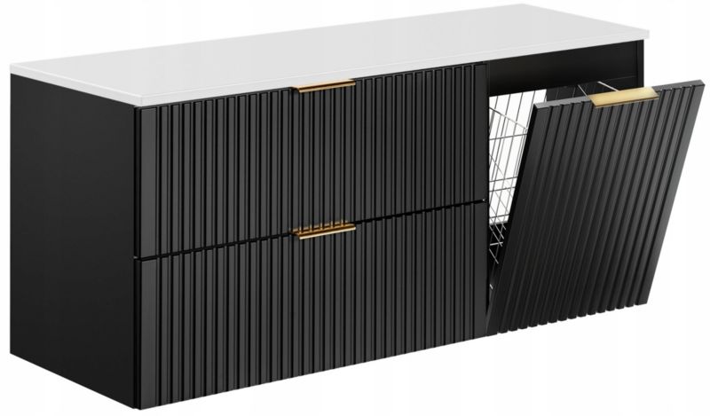 Szafka pod umywalkę Furnidea 120 cm ryflowana z koszem na pranie czarna z blatem białym Adel 1 szt.