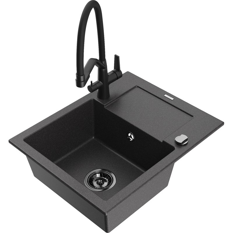 Zlewozmywak granitowy 1-komorowy Mexen Enzo z ociekaczem i baterią Duo czarny/srebrny metalik - 6506-73-671701-70-B 1 szt.