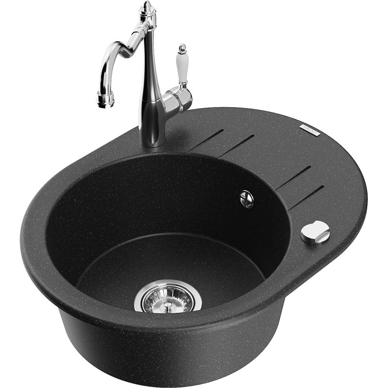 Zlewozmywak granitowy 1-komorowy Mexen Kevin z ociekaczem i baterią Carla czarny/srebrny metalik - 6517-73-670700-70-B 1 szt.