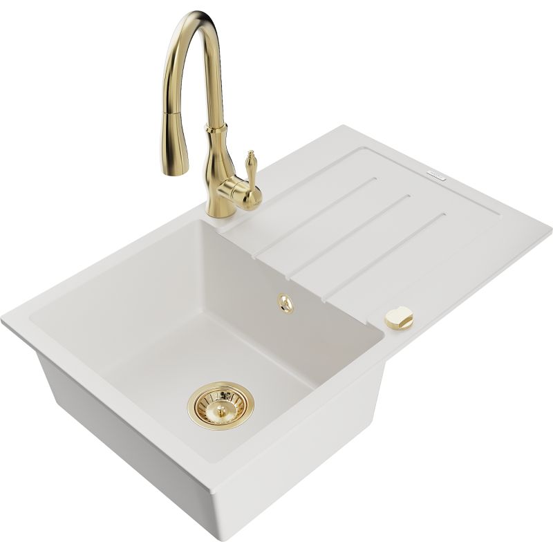 Zlewozmywak granitowy 1-komorowy Mexen Bruno z ociekaczem i baterią kuchenną Savita biały 6513-20-672601-50