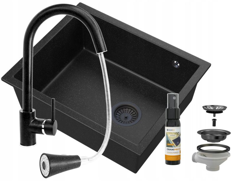 Zlewozmywak granitowy podblatowy Granitan Salix Czarny Bateria Snake Czarna Syfon Czarny 1 kpt.