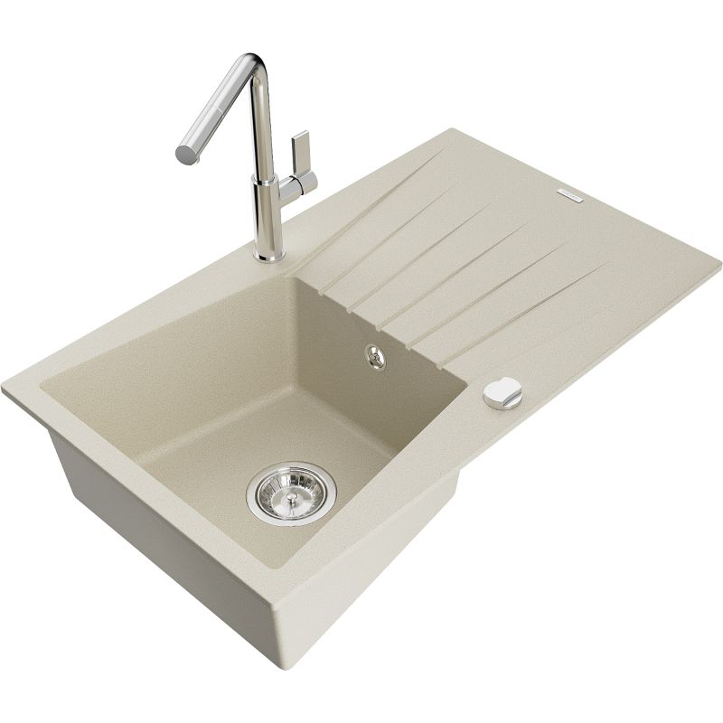 Zlewozmywak granitowy 1-komorowy Mexen Cesar z ociekaczem i baterią kuchenną Flora beżowy 6514-69-670401-00