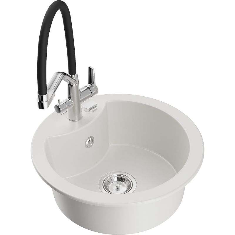 Zlewozmywak granitowy 1-komorowy Mexen Diego z baterią kuchenną Duo biały 6512-20-671701-07