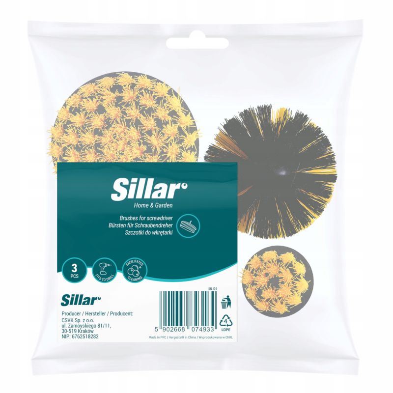 Szczotki do czyszczenia, Sillar, do wiertarki, wkrętarki, wielofunkcyjne, do różnych powierzchni, 3szt