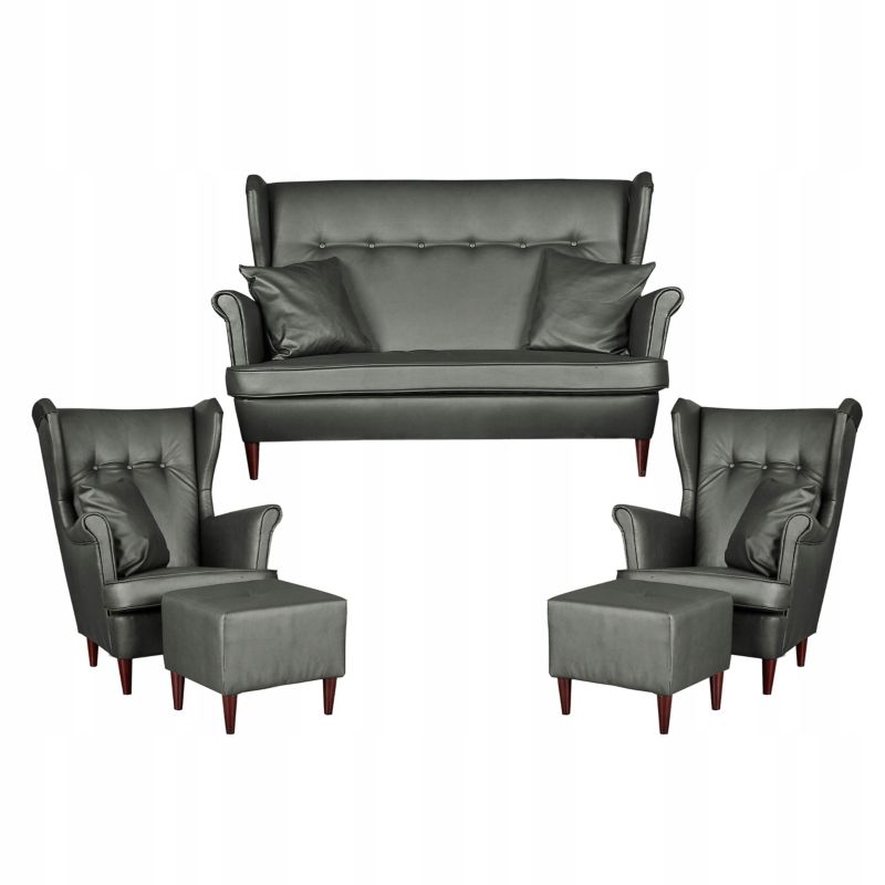 Zestaw wypoczynkowy uszak do salonu sofa fotele pufy Family Meble Eco skóra szary 1szt