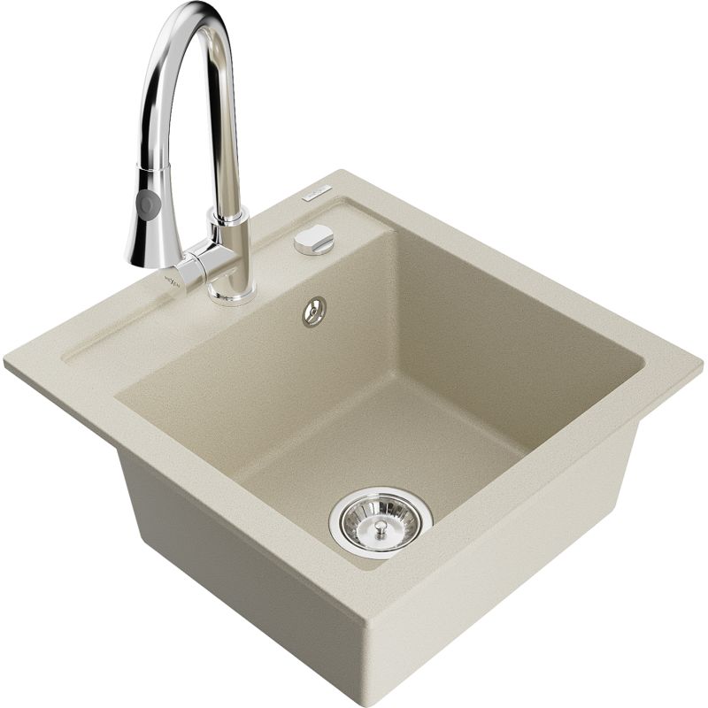 Zlewozmywak granitowy 1-komorowy Mexen Vito z baterią kuchenną Elia beżowy 6503-69-670101-00