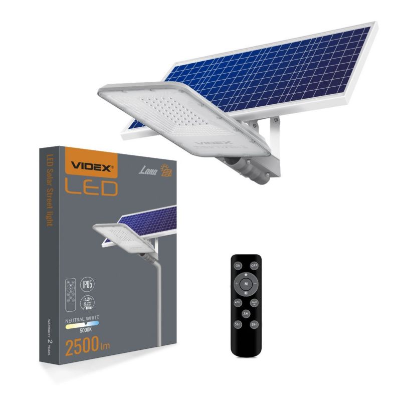 Lampa uliczna solarna Videx Lana szara LED 100W 5000K 2500lm Pilot IP65 wym: 49,5 x 21 x 5,4 cm - 1 szt.