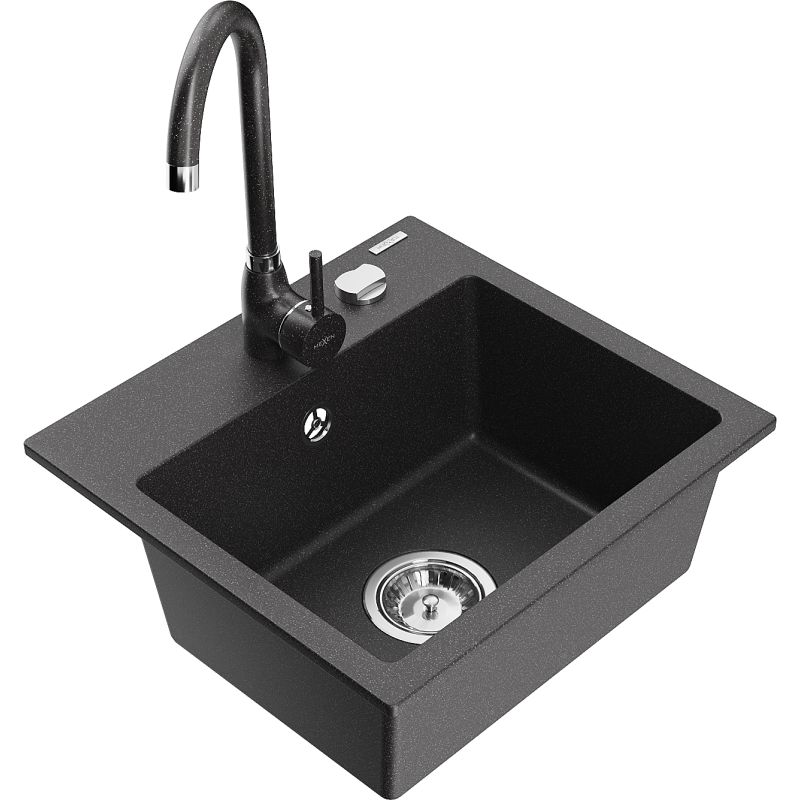 Zlewozmywak granitowy 1-komorowy Mexen Milo z baterią kuchenną Telma czarny nakrapiany 6505-76-670200-76