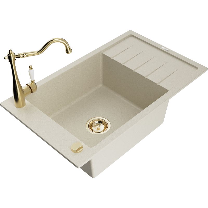 Zlewozmywak granitowy 1-komorowy Mexen Elias z ociekaczem i baterią kuchenną Carla beżowy - 6511-69-670700-69 1 szt.