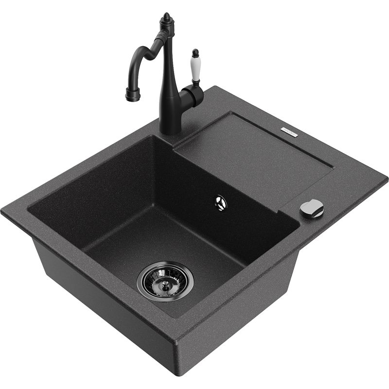 Zlewozmywak granitowy 1-komorowy Mexen Enzo z ociekaczem i baterią kuchenną Carla czarny nakrapiany 6506-76-670700-70-B