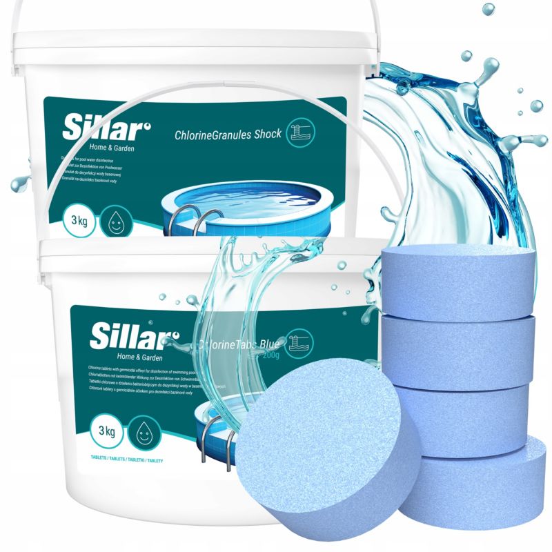 Chlor do basenu, Sillar, tabletki 200g, 11w1, multifunkcyjne + chlor szok, 3kg, zestaw do uzdatniania wody, 2szt