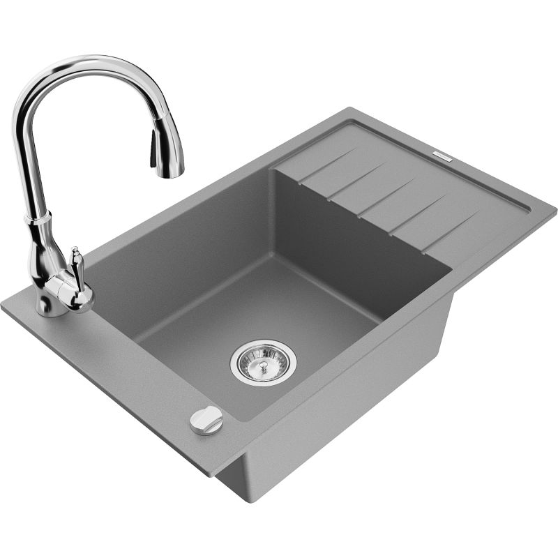 Zlewozmywak granitowy 1-komorowy Mexen Elias z ociekaczem i baterią kuchenną Savita szary - 6511-71-672601-71 1 szt.