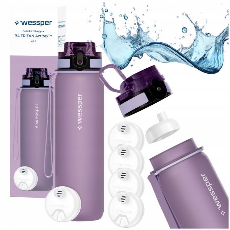 Butelka na wodę, Wessper, filtrująca, tritanowa, bidon + 5x filtr wody, bez BPA, 500ml, B4 TRITAN Actitex, lawendowa, 6szt