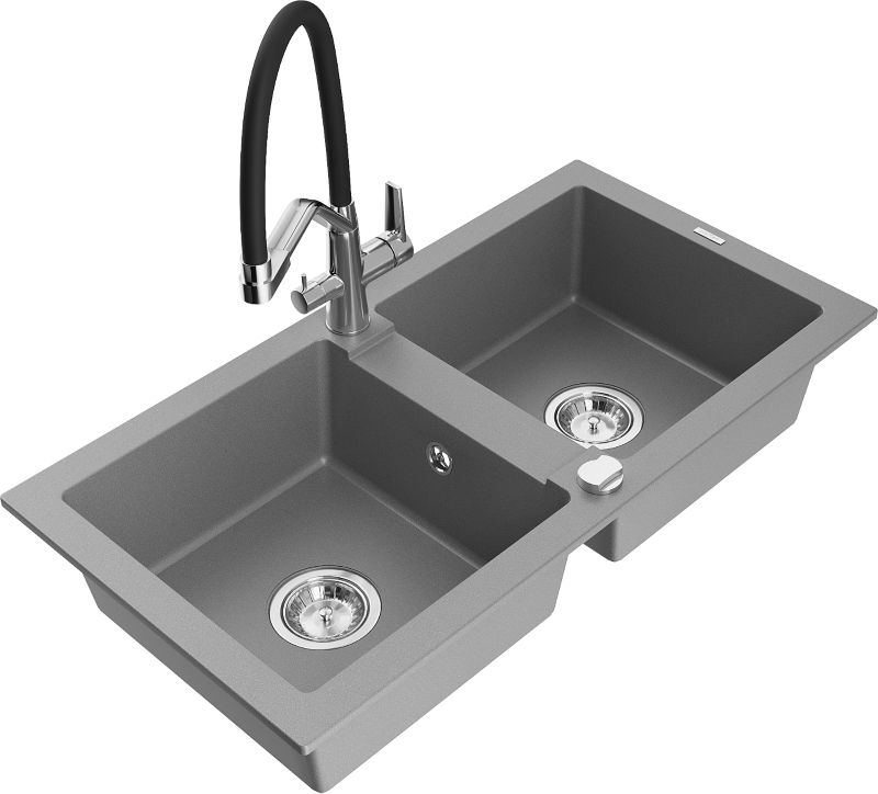Zlewozmywak granitowy Mexen Mario 2-komorowy z baterią kuchenną Duo szary 6504-71-671701-07