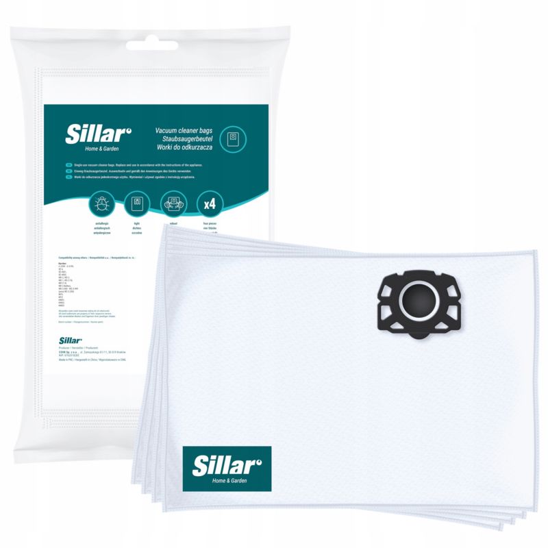 Worki do odkurzacza, Sillar, syntetyczne, z uszczelką, zamienniki, do Karcher WD3 V17 V15 V19 SE4001 WD2 PLUS V12, 4szt