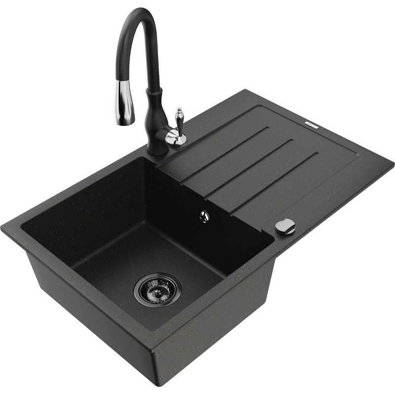 Zlewozmywak granitowy 1-komorowy Mexen Bruno z ociekaczem i baterią kuchenną Savita czarny/złoty metalik 6513-75-672601-70-B