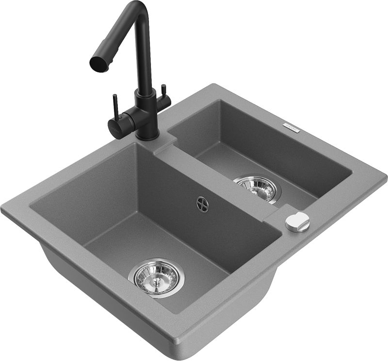 Zlewozmywak granitowy Mexen Carlos 1,5-komorowy z baterią kuchenną Duero szary 6518-71-671600-70