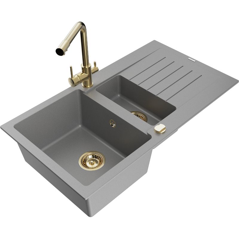 Zlewozmywak granitowy 1.5-komorowy Mexen Matias z ociekaczem i baterią kuchenną Duero szary 6502-71-671600-50
