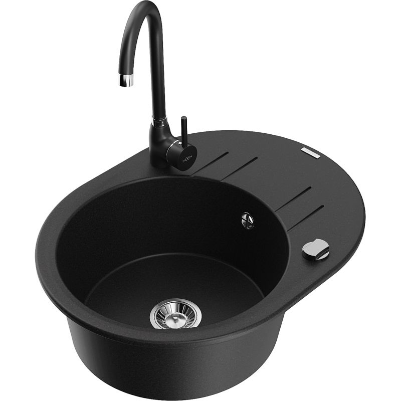 Zlewozmywak granitowy 1-komorowy Mexen Kevin z ociekaczem i baterią kuchenną Telma czarny - 6517-77-670200-50 1 szt.