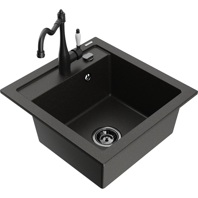 Zlewozmywak granitowy 1-komorowy Mexen Vito z baterią kuchenną Carla czarny/złoty metalik 6503-75-670700-70-B