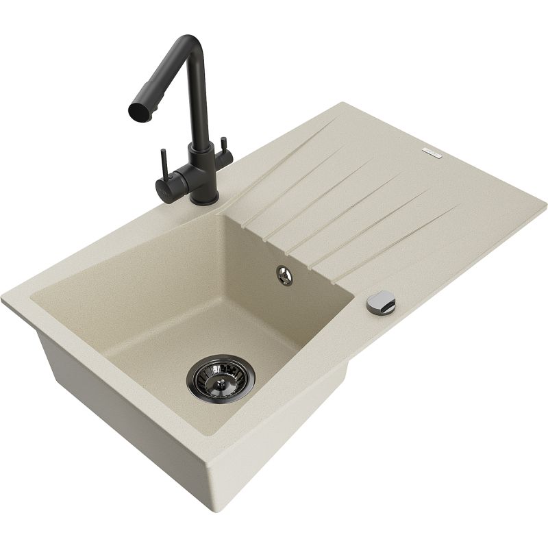 Zlewozmywak granitowy 1-komorowy Mexen Cesar z ociekaczem i baterią kuchenną Duero biały - 6514-20-671600-70 1 szt.