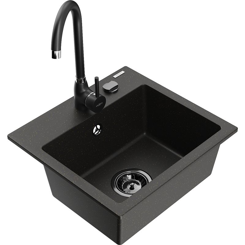 Zlewozmywak granitowy 1-komorowy Mexen Milo z baterią kuchenną Telma czarny/złoty 6505-75-670200-70-B