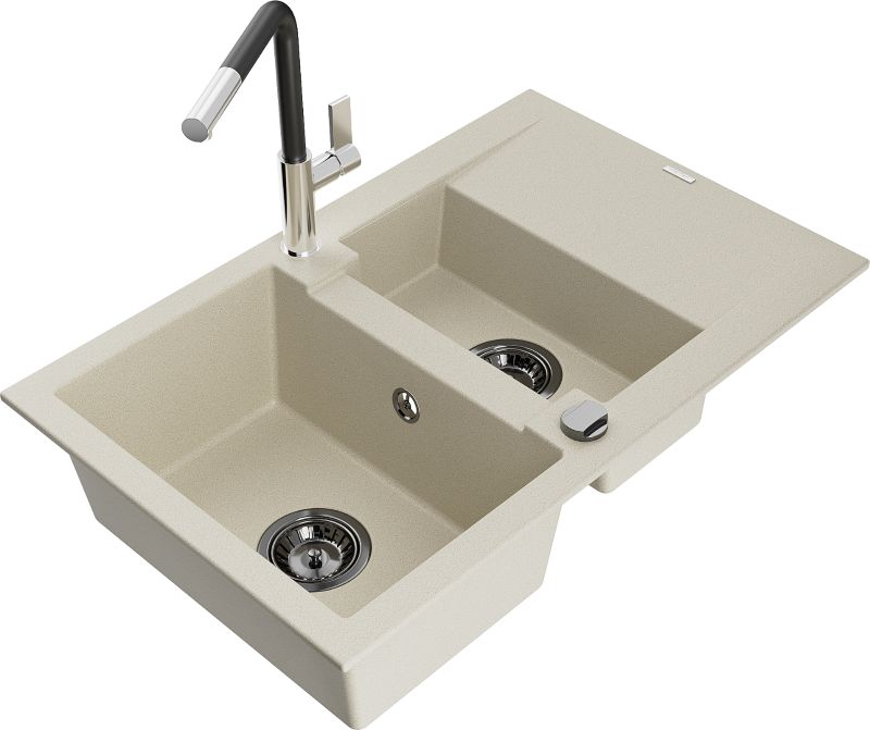 Zlewozmywak granitowy Mexen Gaspar 1,5-komorowy z ociekaczem i baterią kuchenną Flora beżowy 6507-69-670401-07-B