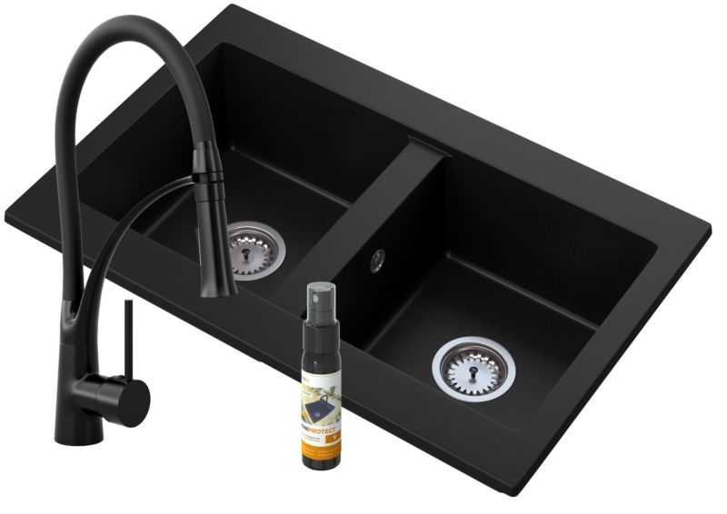 Zlewozmywak Granitowy Dwukomorowy Granitan Verso czarny Bateria Nexo Czarne Syfon Chrom 1 kpt.