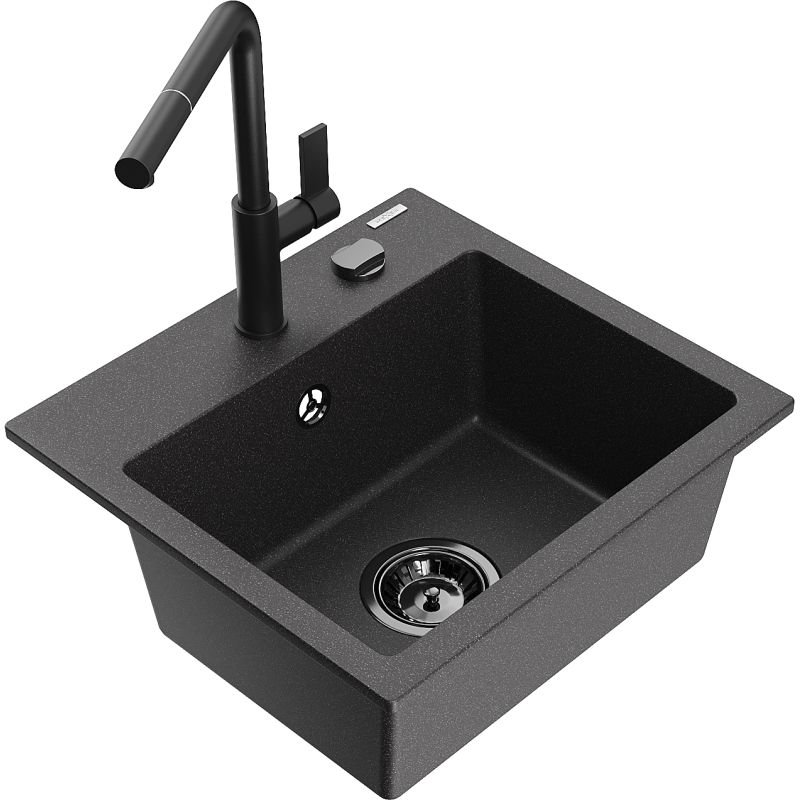 Zlewozmywak granitowy 1-komorowy Mexen Milo z baterią kuchenną Flora czarny nakrapiany 6505-76-670401-70-B