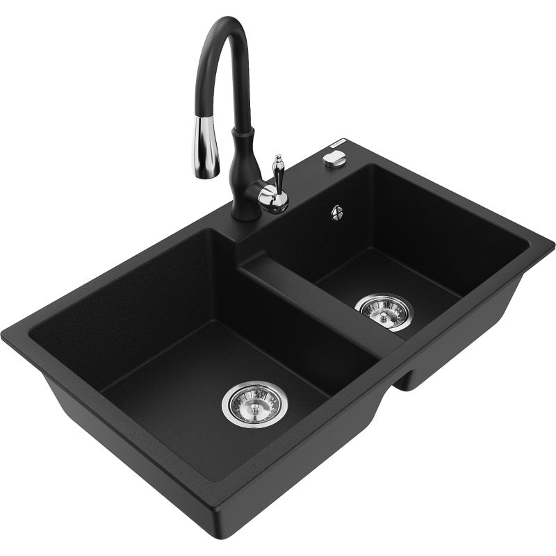Zlewozmywak granitowy 2-komorowy Mexen Tomas z baterią kuchenną Savita czarny 6516-77-672601-70
