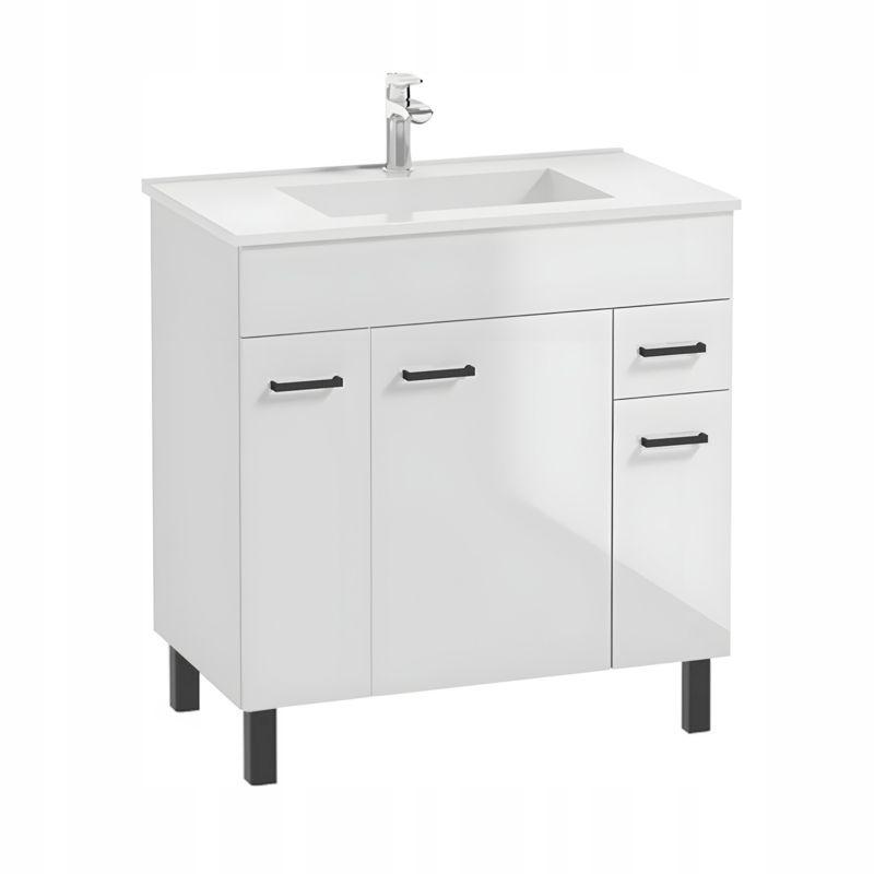 Szafka Biała Łazienkowa z Umywalką 800x470 mm Stojąca Połysk Drzwi Szuflada 1 szt