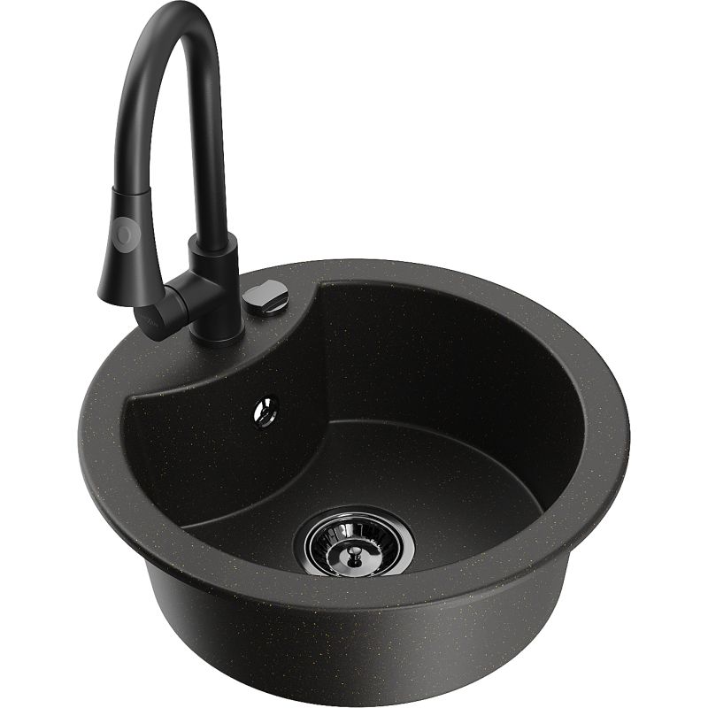 Zlewozmywak granitowy 1-komorowy Mexen Diego z baterią kuchenną Elia czarny/złoty metalik 6512-75-670101-70-B