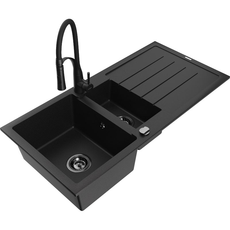 Zlewozmywak granitowy 1.5-komorowy Mexen Andres z ociekaczem i baterią kuchenną Aster czarny - 6515-77-73450-07-B 1 szt.