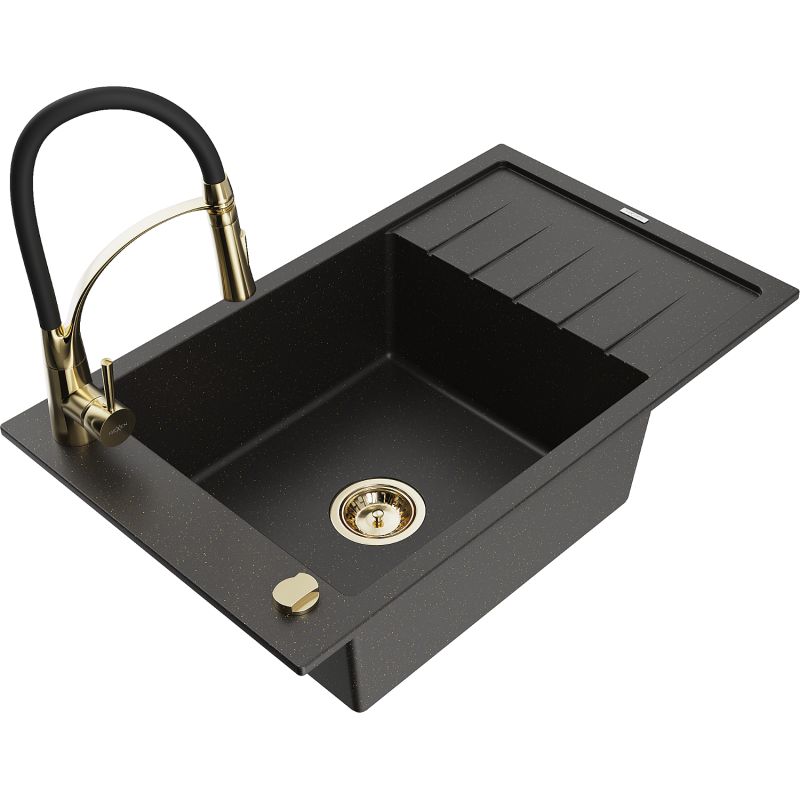 Zlewozmywak granitowy 1-komorowy Mexen Elias z ociekaczem i baterią kuchenną Aster czarny/złoty metalik 6511-75-73450-57-G