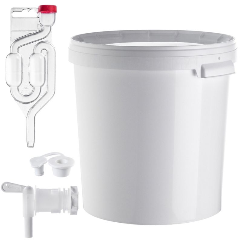 Wiadro fermentacyjne KADAX Zestaw z pokrywą, Kran obrotowy, korek fermentacyjny, rurka fermentacyjna białe 33L 1 szt.