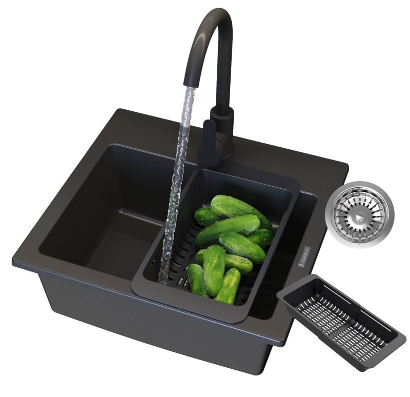 Zlewozmywak Granitowy Jednokomorowy Granitan Teor Czarny Bateria Kuchenna Koszyk Syfon Chrom 1 kpt.