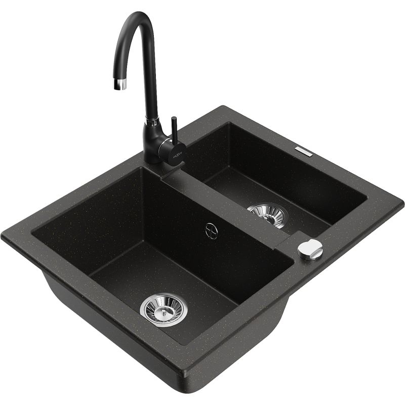 Zlewozmywak granitowy 1.5-komorowy Mexen Carlos z baterią kuchenną Telma czarny/złoty metalik 6518-75-670200-70