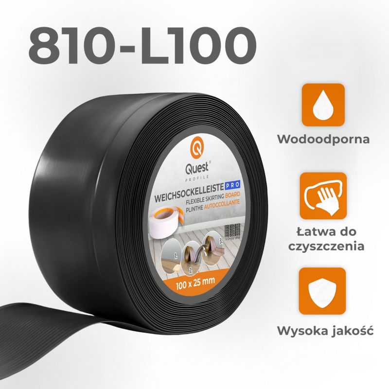 Listwa przypodłogowa PCV 100x25mm, QUEST, elastyczna, miękka listwa podłogowa, cokołowa, czarny, 10m