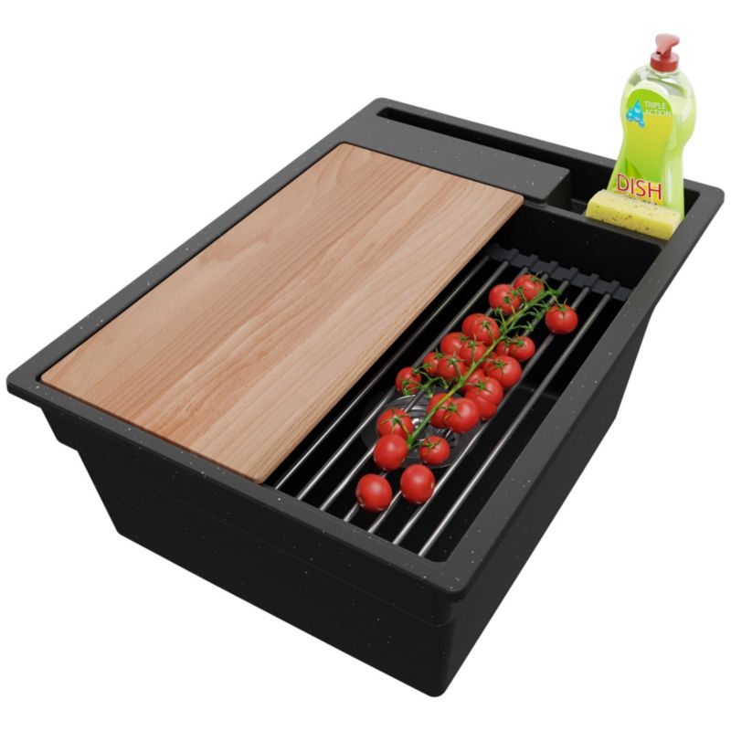 Zlewozmywak Oslo Pocket PRIMAGRAN Nablatowy 38x53cm do szafki od 40cm, Czarny Metalik + Syfon + Akcesoria, S038, 1 szt.