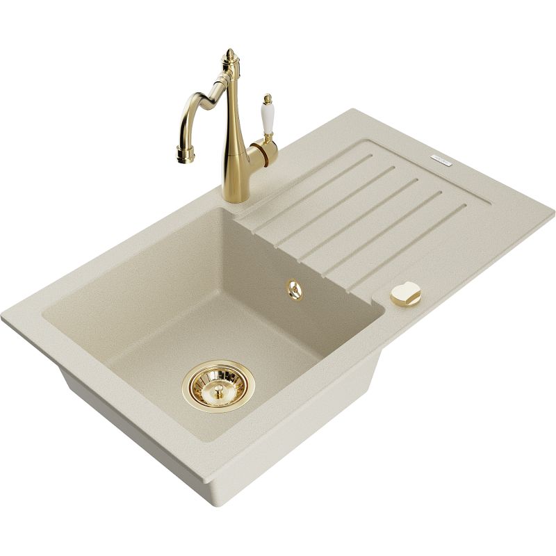 Zlewozmywak granitowy 1-komorowy Mexen Pablo z ociekaczem i baterią kuchenną Carla beżowy 6510-69-670700-50