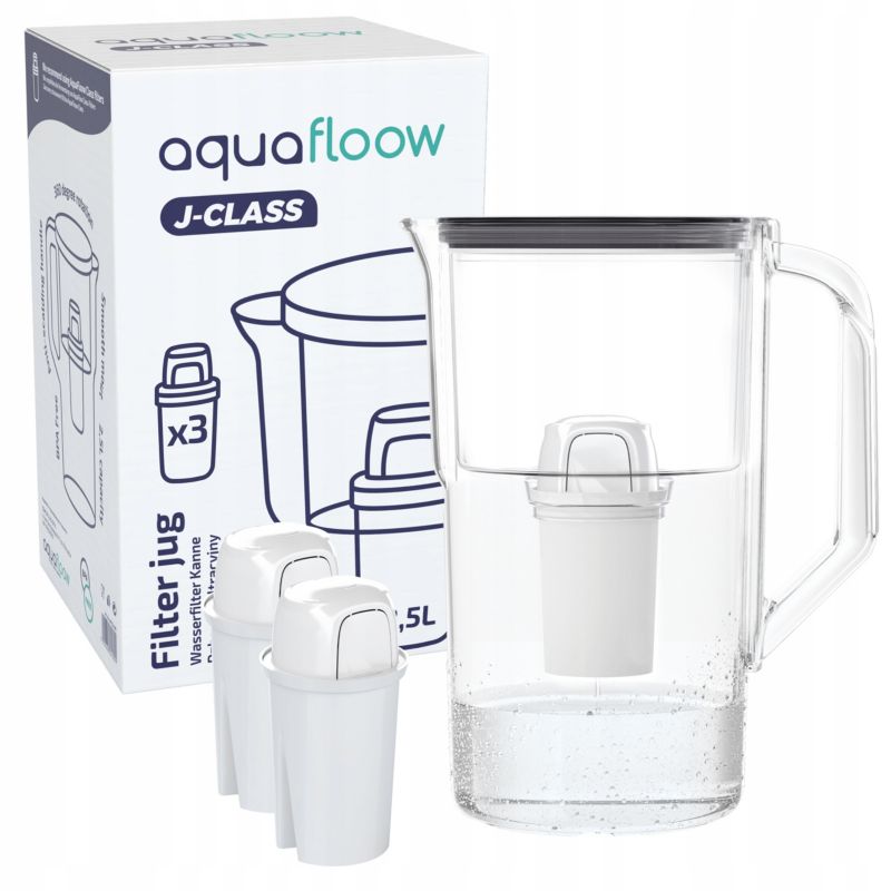 Dzbanek filtrujący wodę, AquaFloow J-CLASS, 2.5l, czarny + 3x filtr wody, zestaw, 4szt