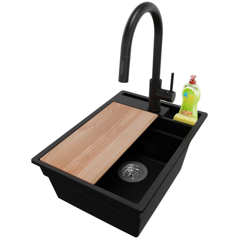 Zlewozmywak Granitowy Oslo Pocket PRIMAGRAN Nablatowy 38x53cm do szafki od 40cm z Syfonem i Baterią i Dodatkiem Czarny 1 szt.